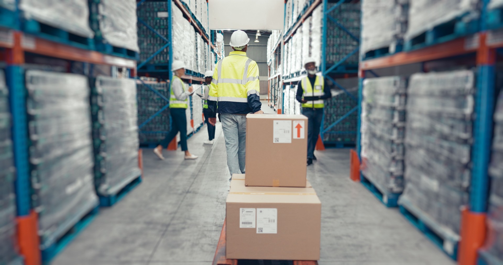 Export, box and shipping with people in warehouse for distribution, freight center or supply chain. Logistics, delivery and cargo storage with wholesale for customs compliance in inventory management